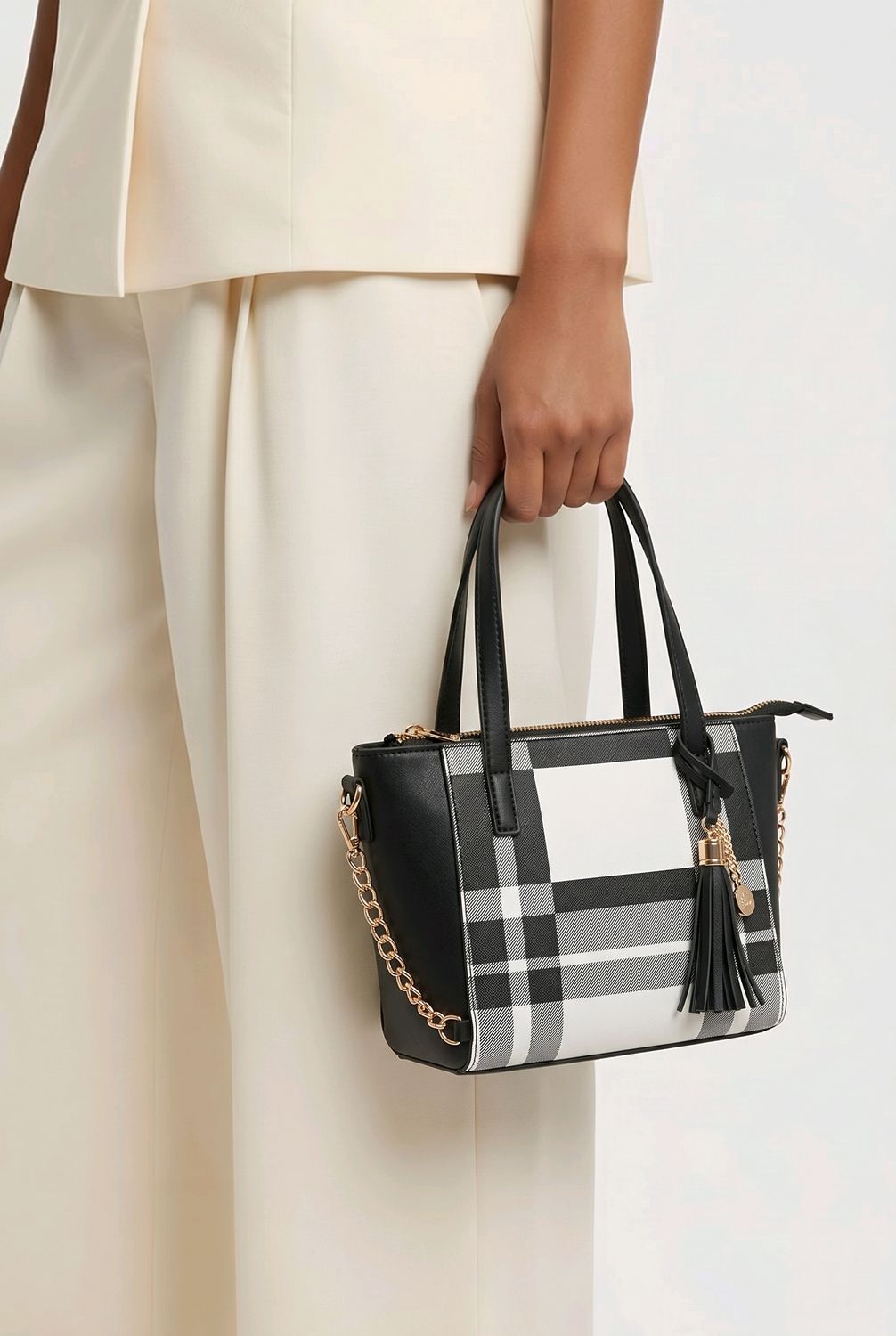 TO-1345AB Small top zip tote w/plaid bottom and extra strap for crossbody