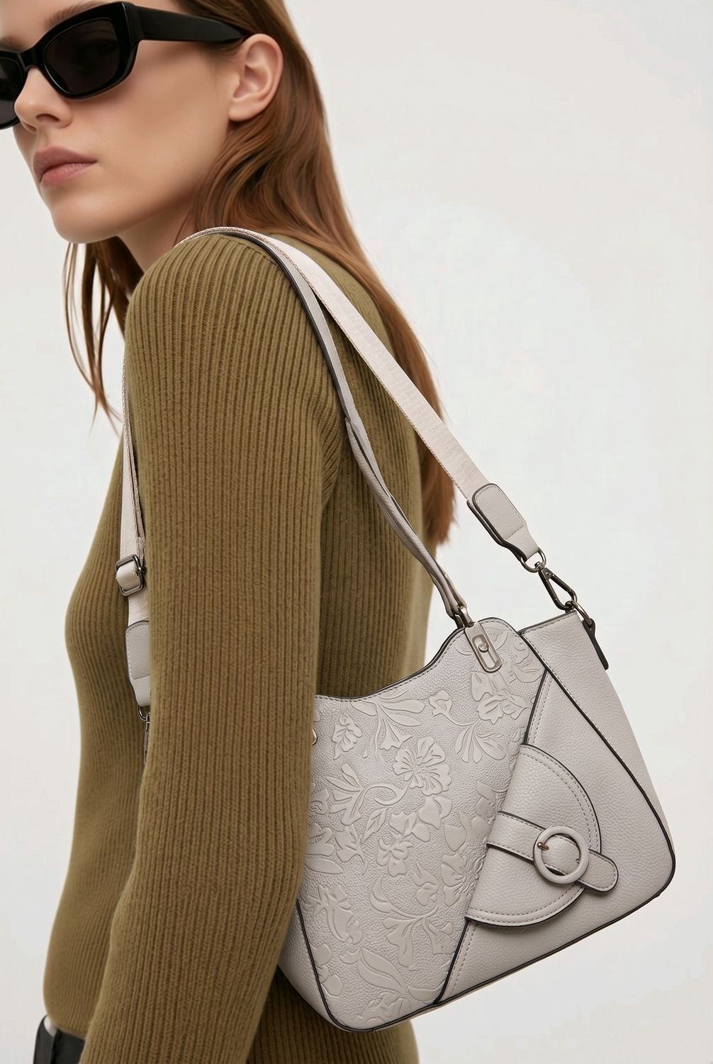 TO-1297A Top zip purse w/front buckle detail and extra strap