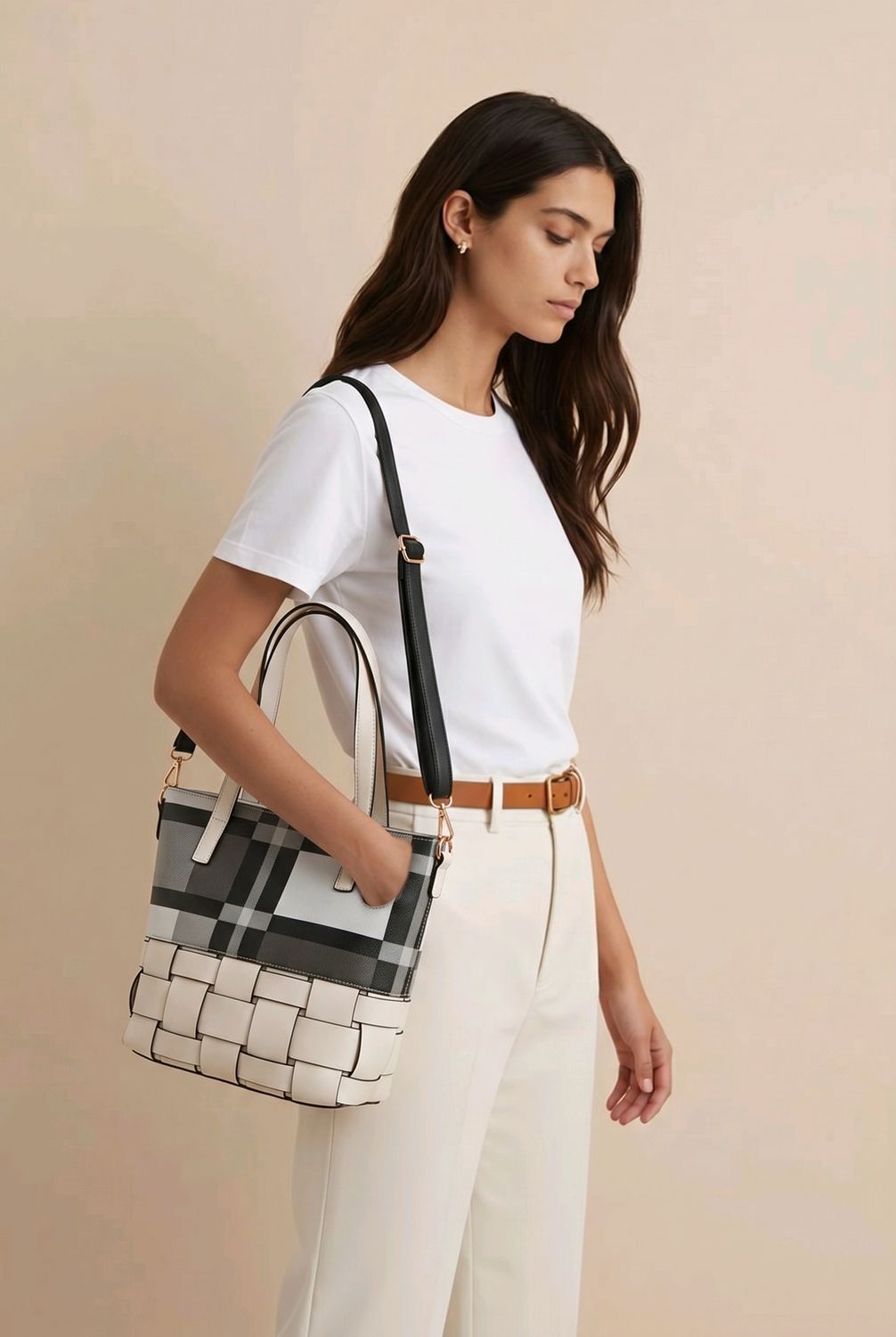 TO-1345A Top zip plaid tote purse w/weave bottom and extra strap