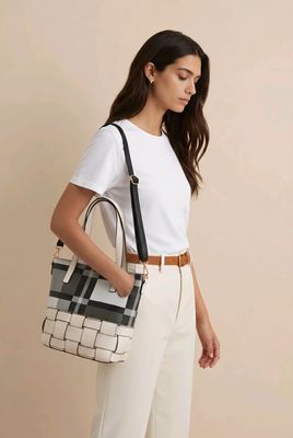 TO-1345A Top zip plaid tote purse w/weave bottom and extra strap