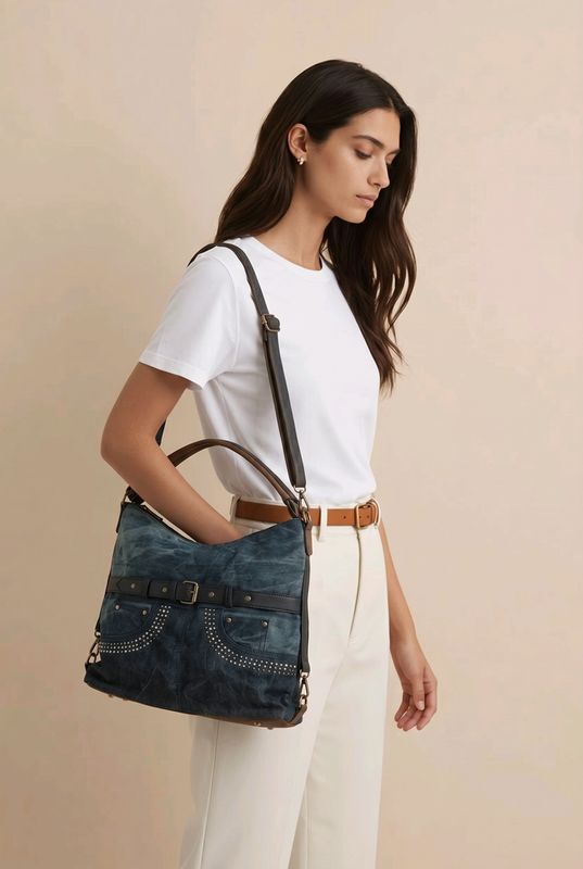 TO-1319 Top zip denim purse with rhinestones can be a backpack