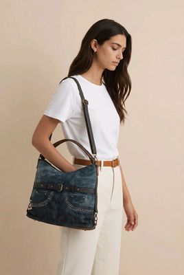 TO-1319 Top zip denim purse with rhinestones can be a backpack