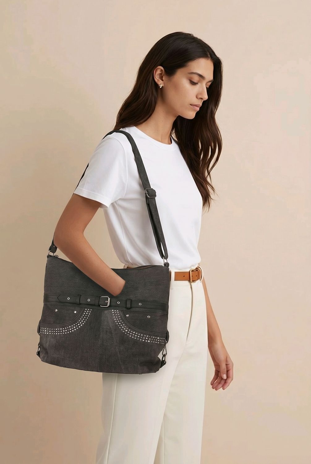 TO-1319 Top zip denim purse with rhinestones can be a backpack