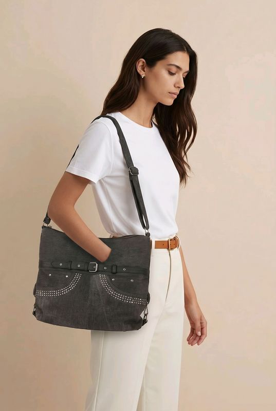 TO-1319 Top zip denim purse with rhinestones can be a backpack
