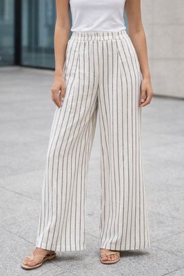 8466022 Elastic waist linen blend striped pant w/side and back pockets