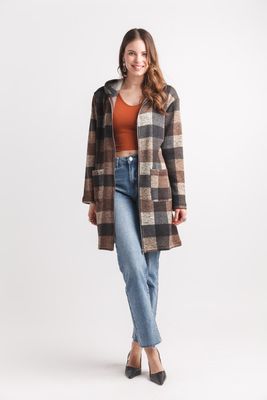JT-19731 Women's knit plaid hooded zip sweater jacket w/pockets