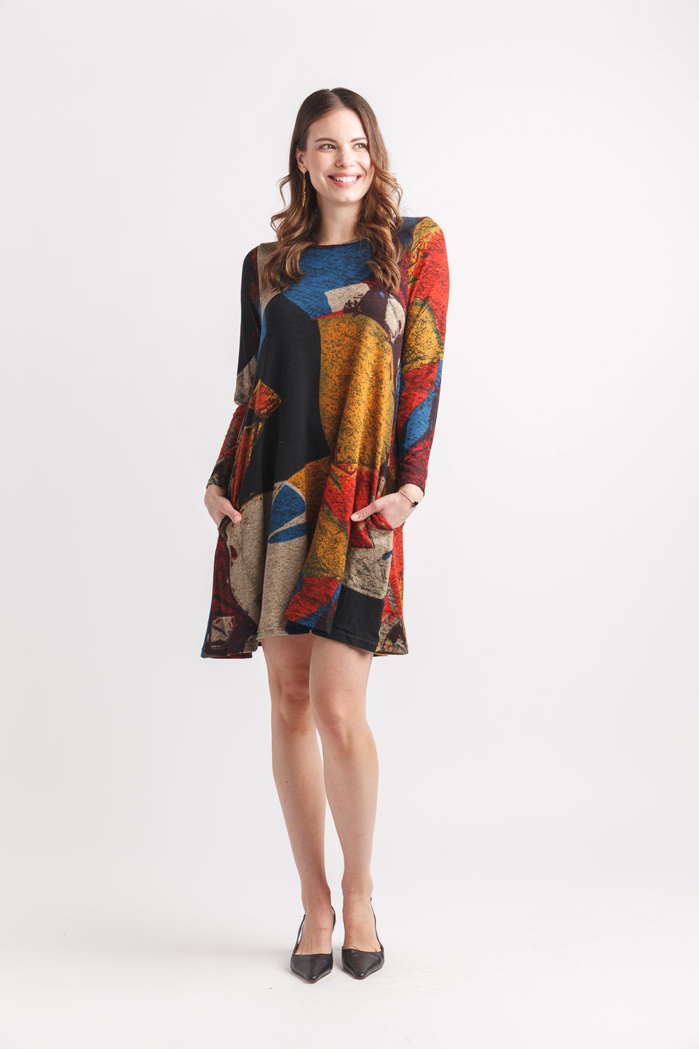 SD-19401 Women's long sleeve Aline print sweater dress w/pockets
