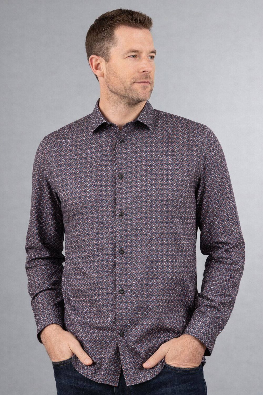 121678 Men's print stretch button shirt