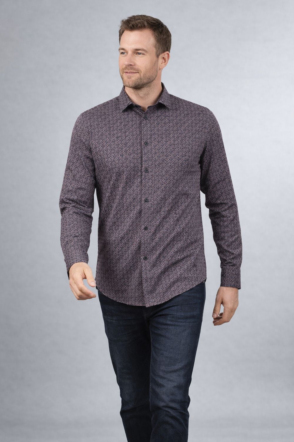 121678 Men's print stretch button shirt