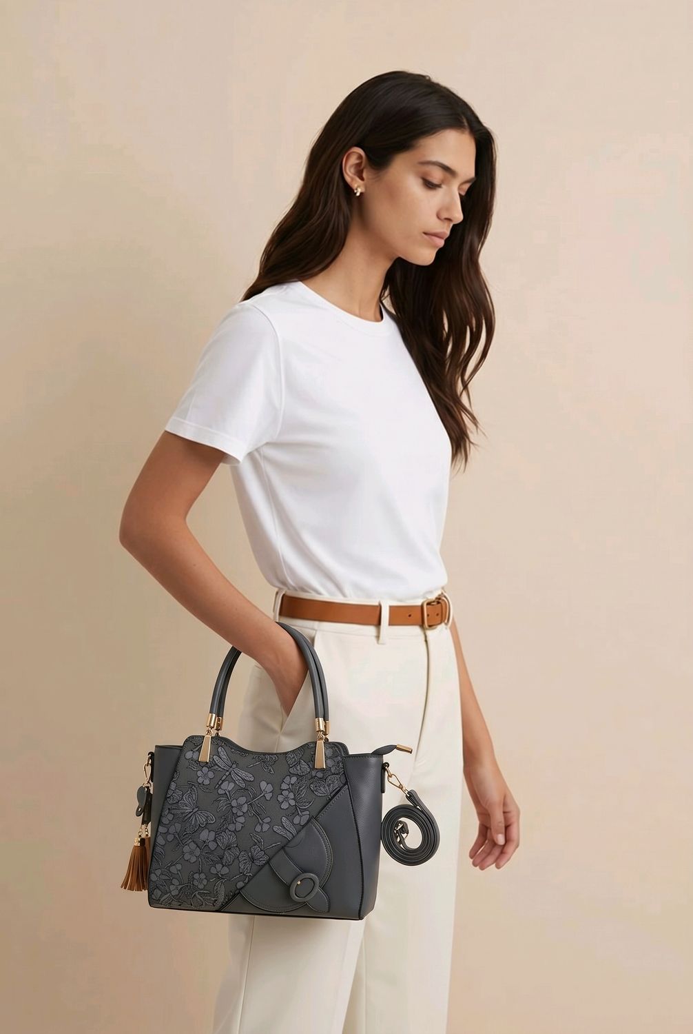 TO-1297A Top zip purse w/front buckle detail and extra strap