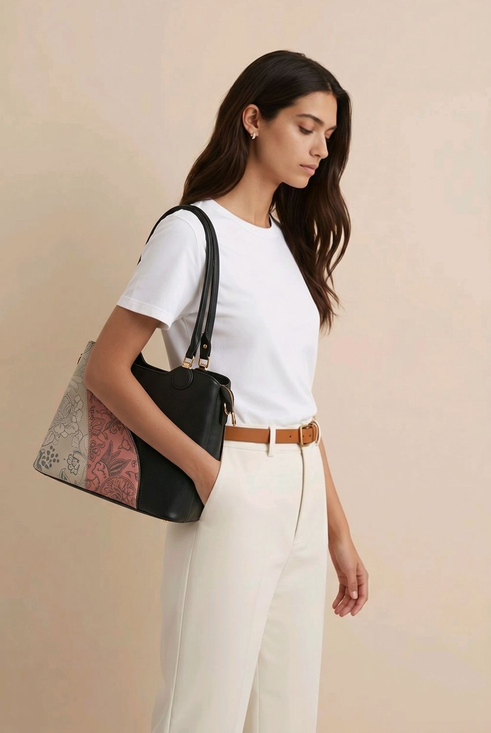 T1303A Top zip tote w/3 inside zips, back zip and extra crossbody strap