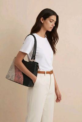 T1303A Top zip tote w/3 inside zips, back zip and extra crossbody strap