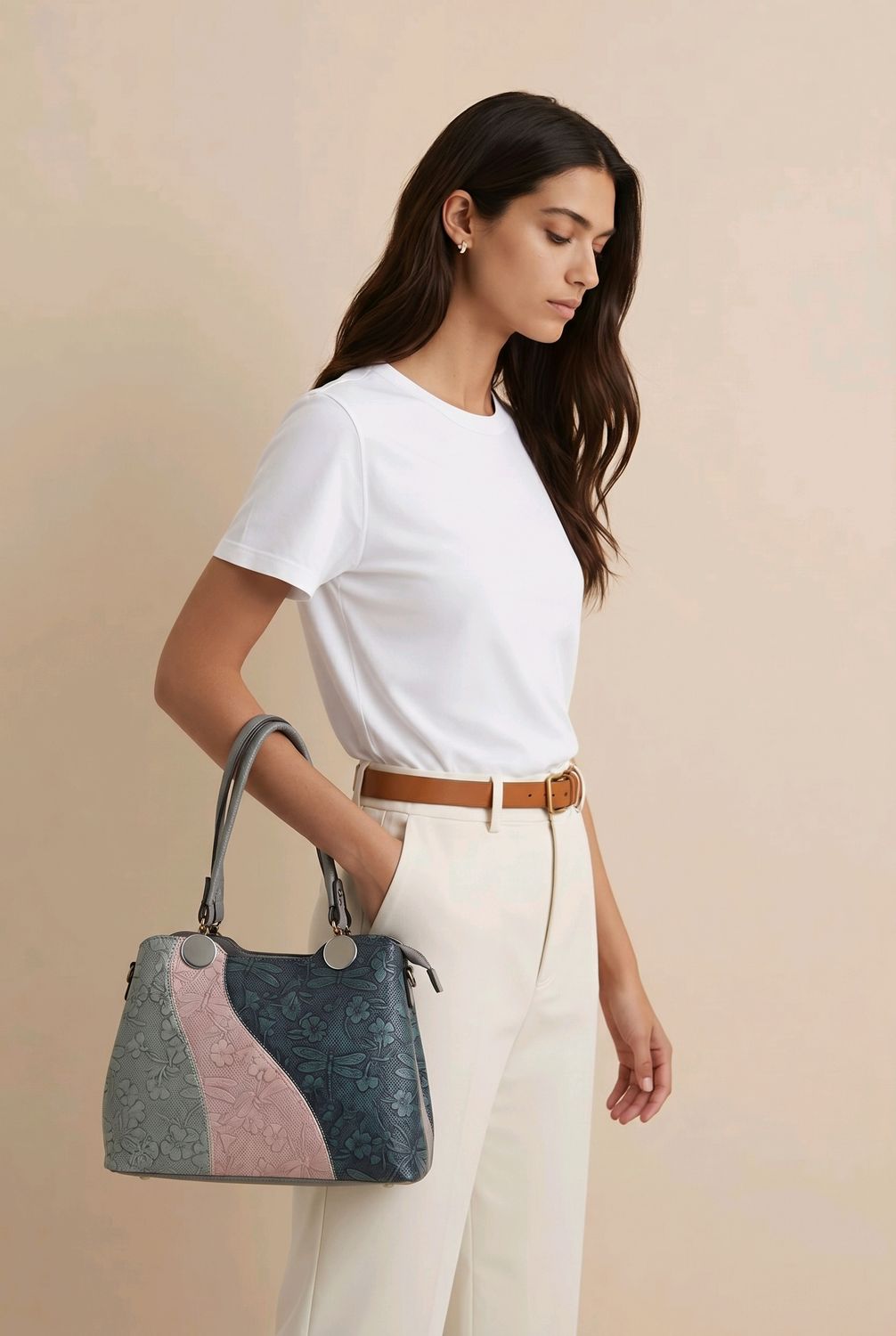 T1303A Top zip tote w/3 inside zips, back zip and extra crossbody strap