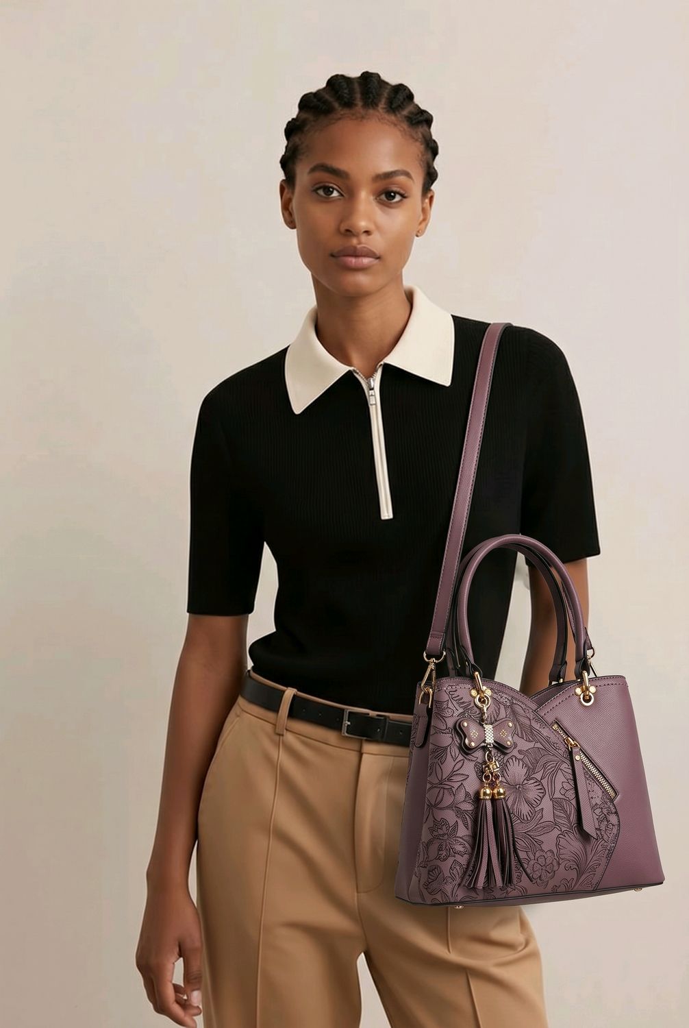JE0885A Top zip 3 compart. tote w/extra crossbody strap and back zipper