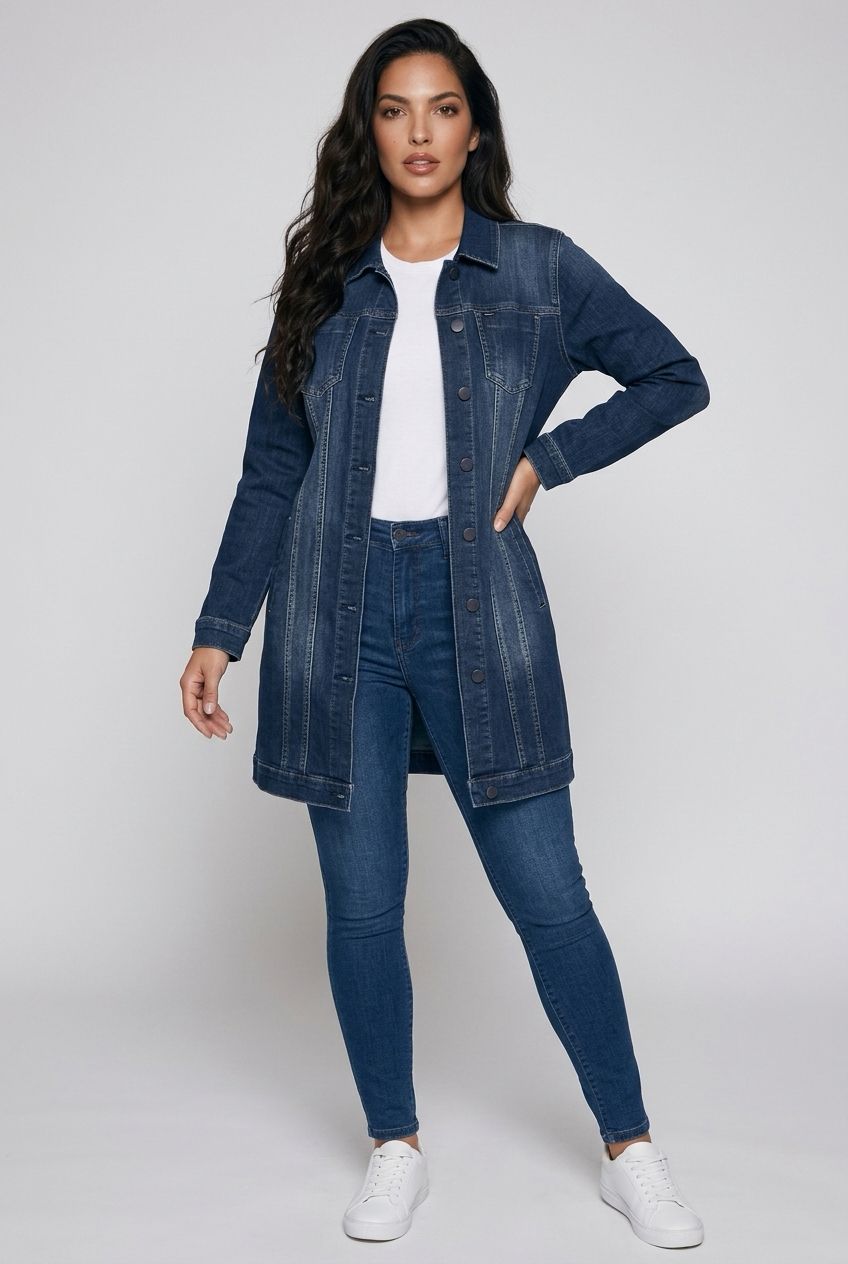 5820701600 Long stretch denim dress/jacket w/pockets