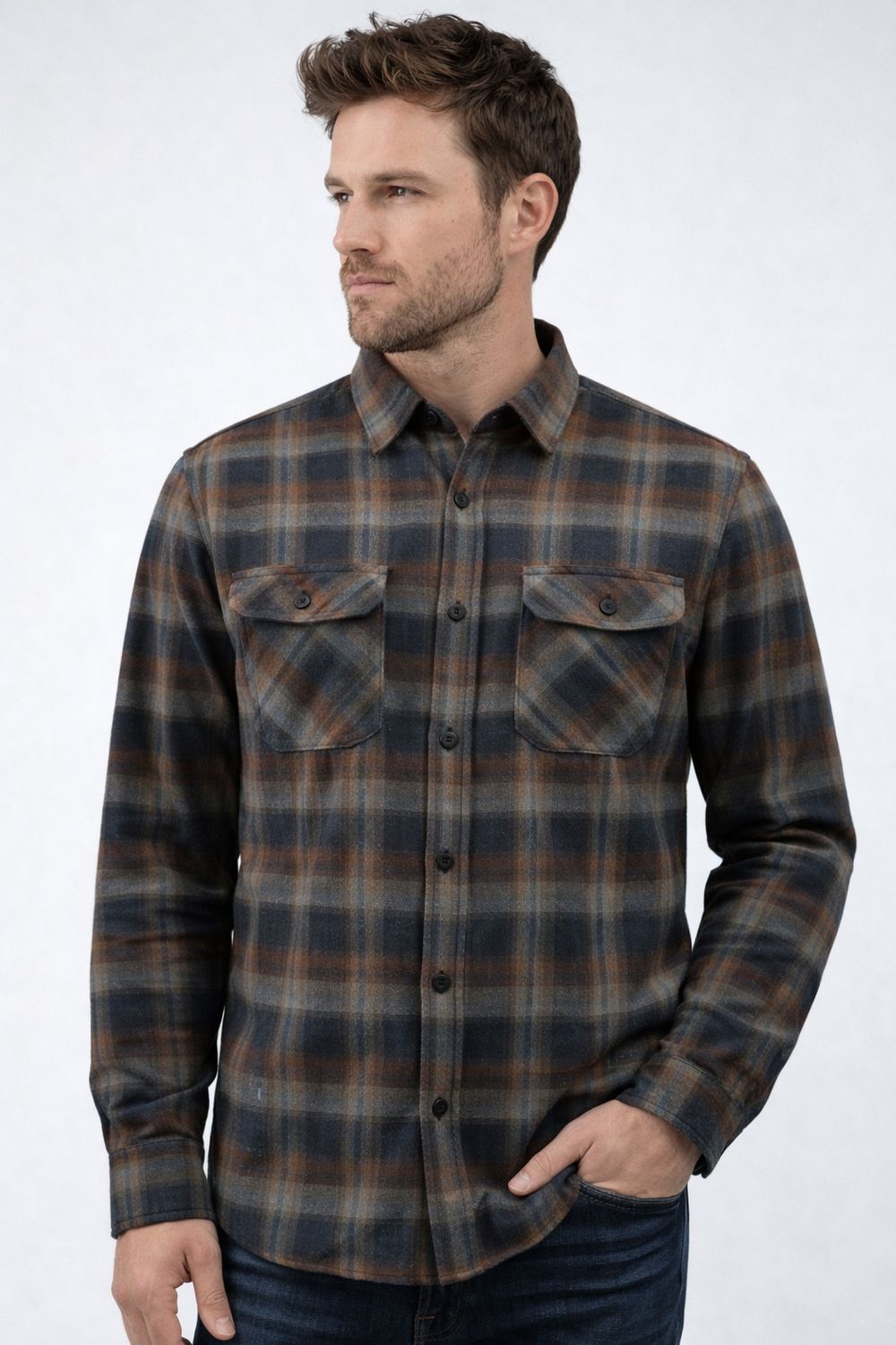 7564528  Checkered cotton blend long sleeve button shirt