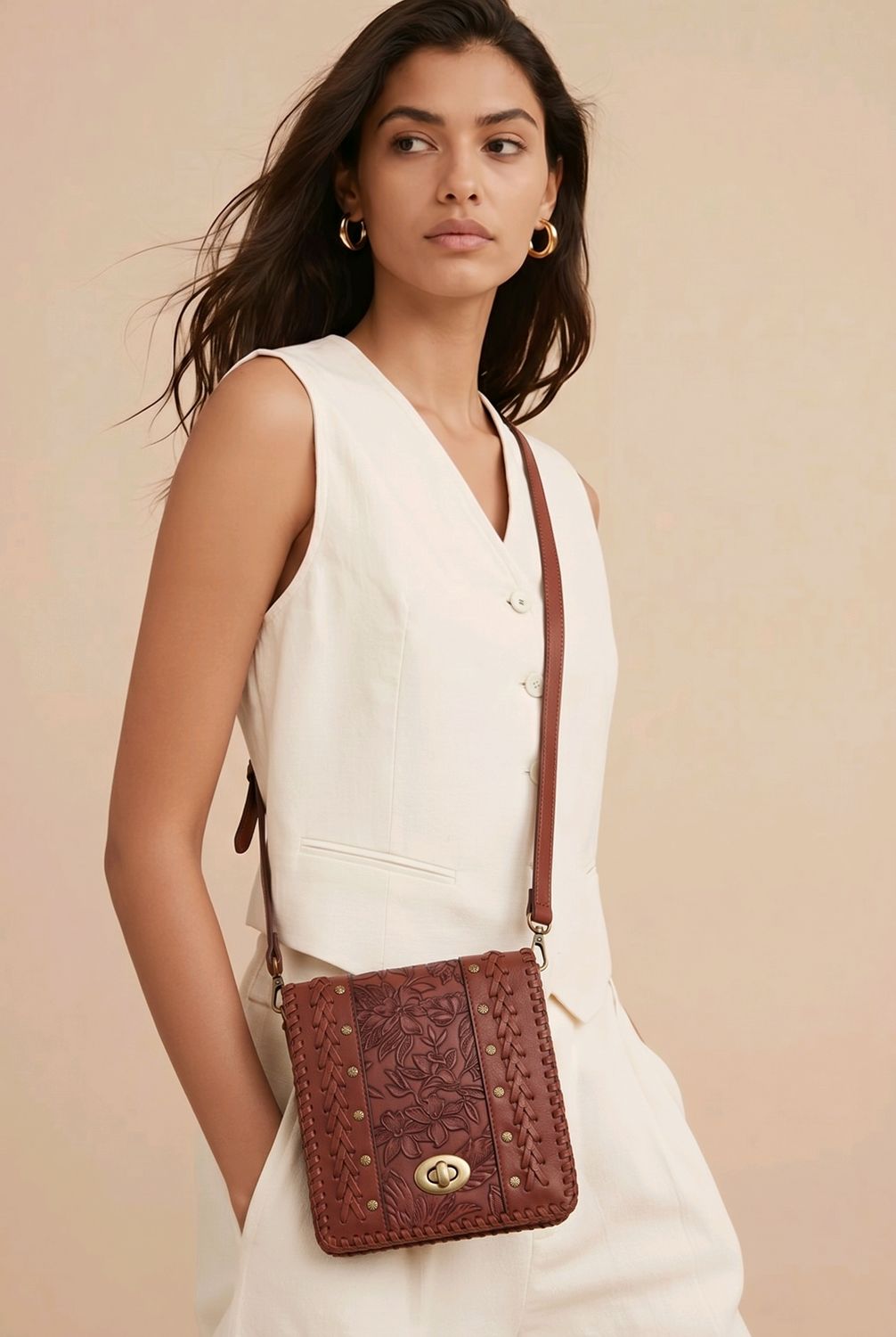 JE-0623B Top zip crossbody purse with flap and 2 inside compartments