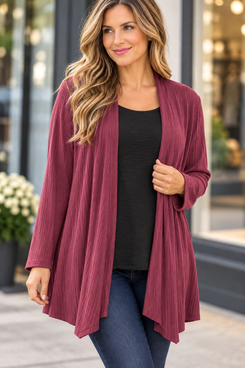 8040 Open solid ribbed cardigan with pockets
