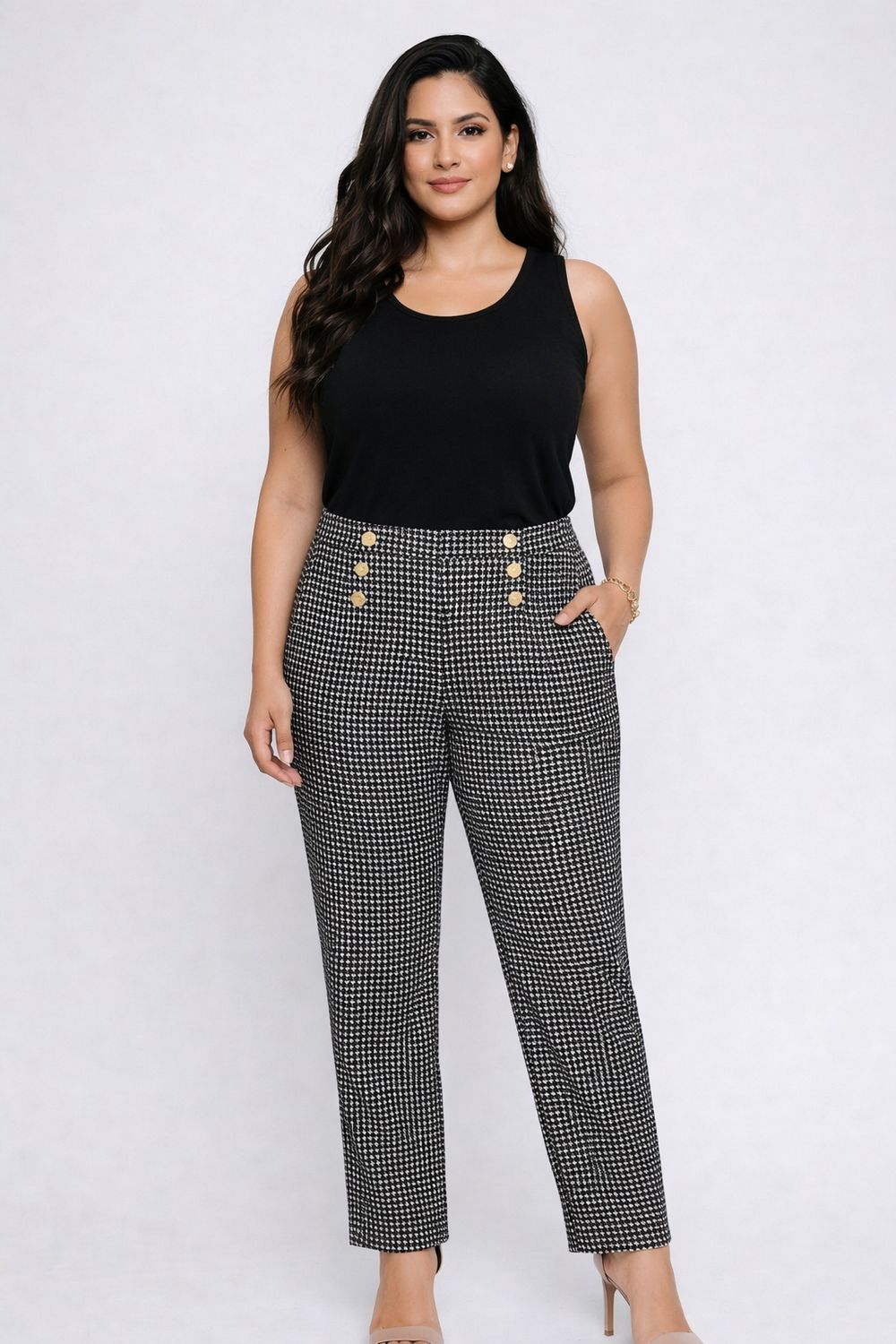 AM550 Houndstooth print pant w/pockets and button detail