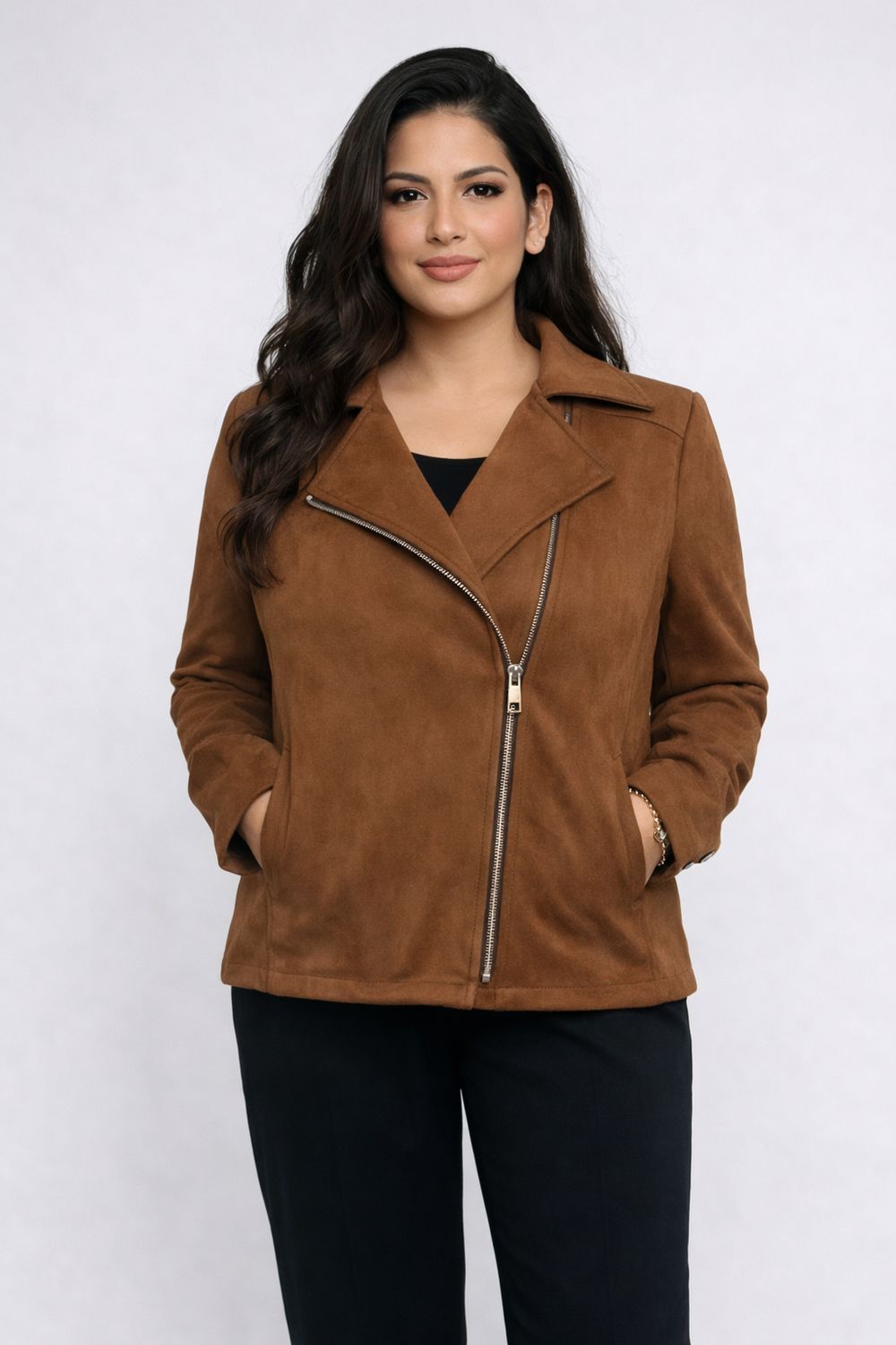 AM554 Faux suede diagonal zip jacket