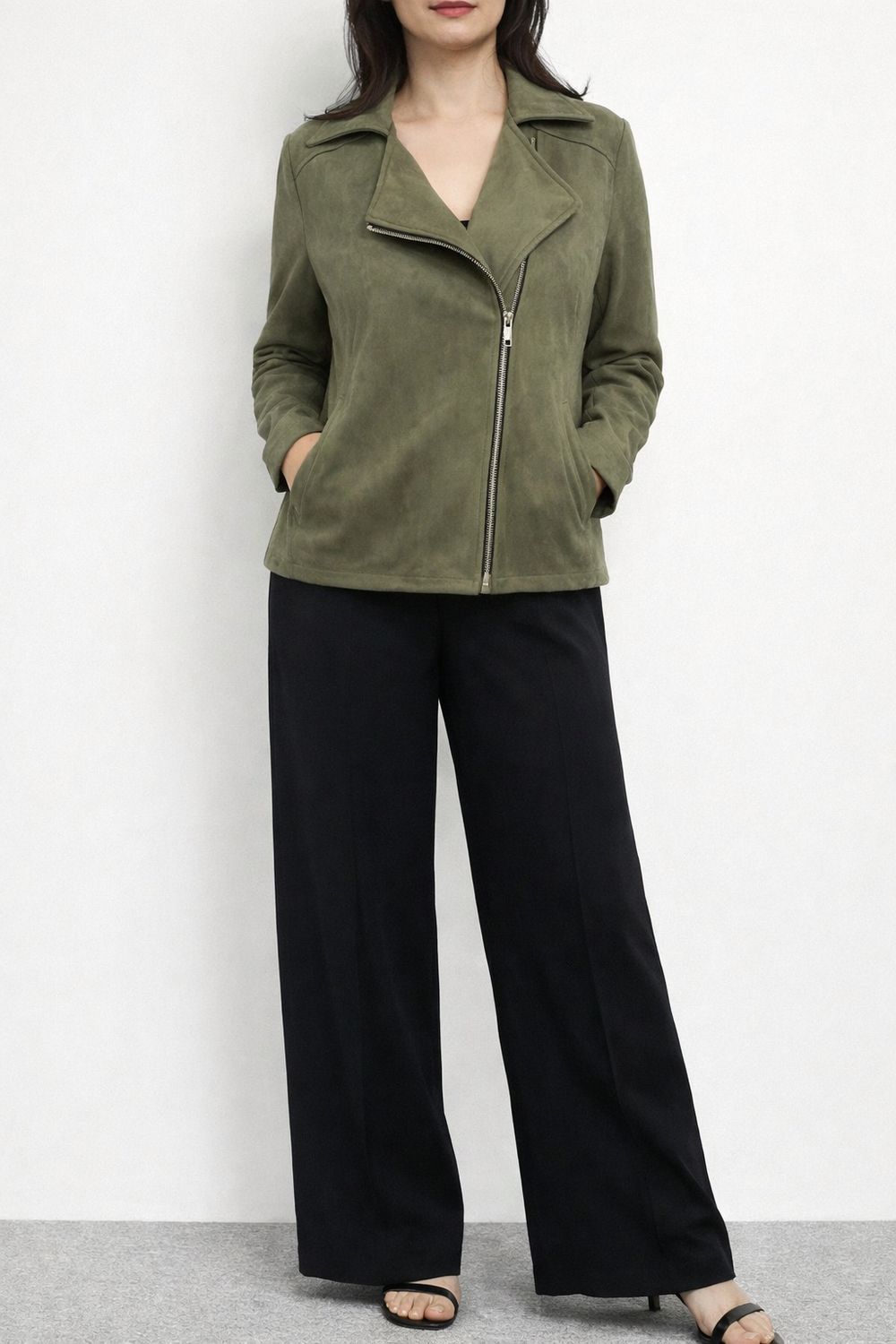 AM554 Faux suede diagonal zip jacket