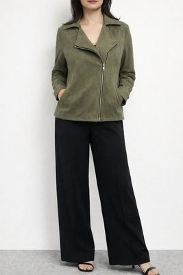 AM554 Faux suede diagonal zip jacket