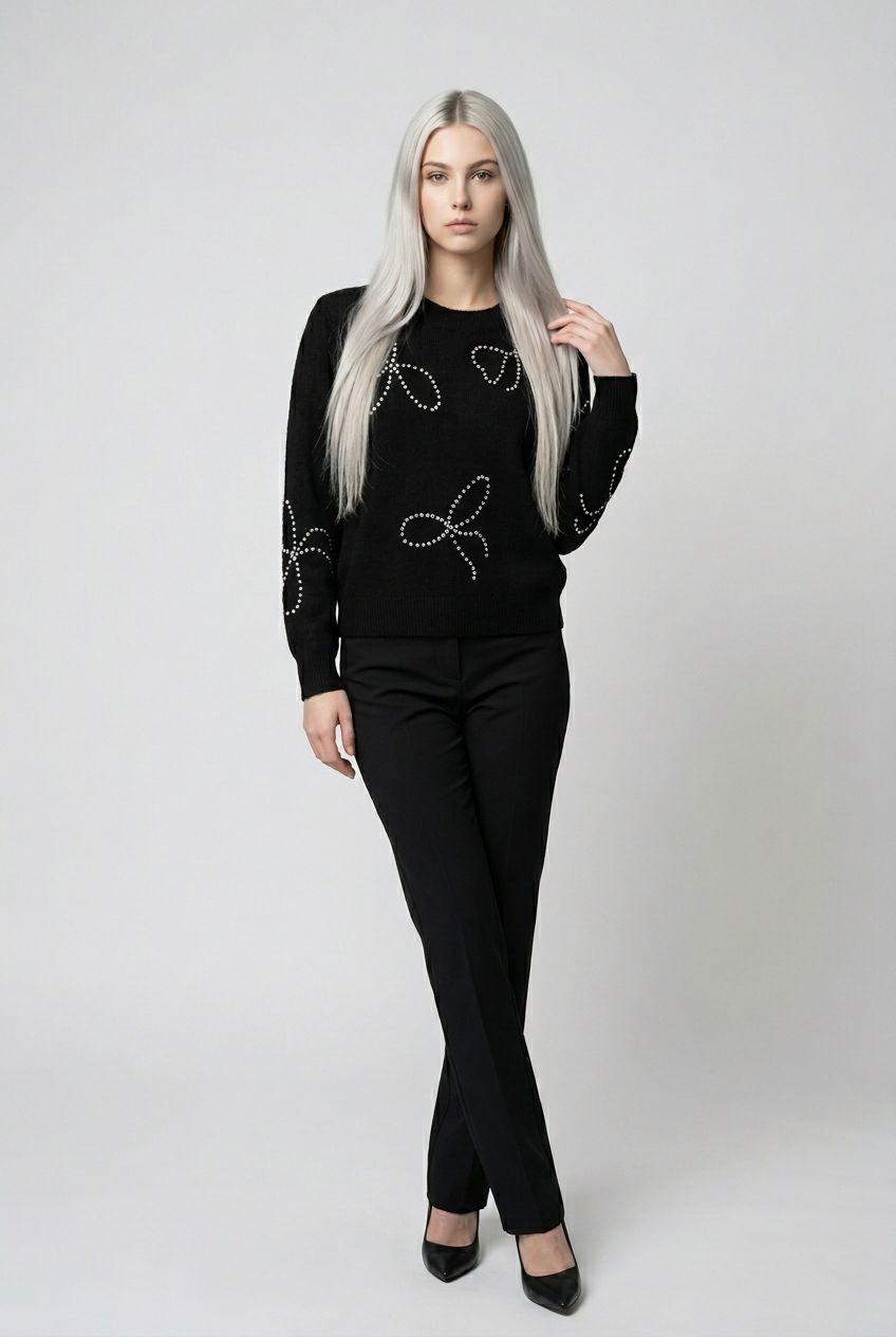 77S301S Long sleeve crew neck pull-over with diamond like bling bow detail