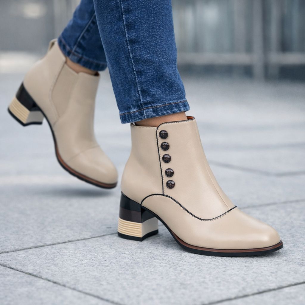BRITANY-3 short two toned zip boot w/3 inch heel and button detail