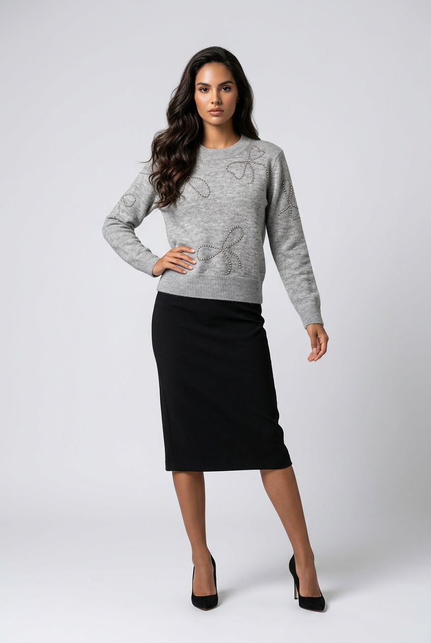 77S301S Long sleeve crew neck pull-over with diamond like bling bow detail
