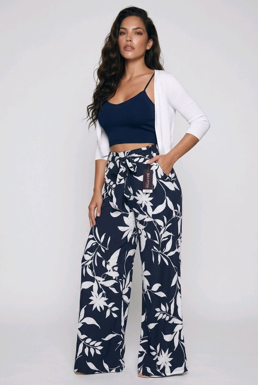 VC9250 Ladies wide printed leg pant w/belt and pockets