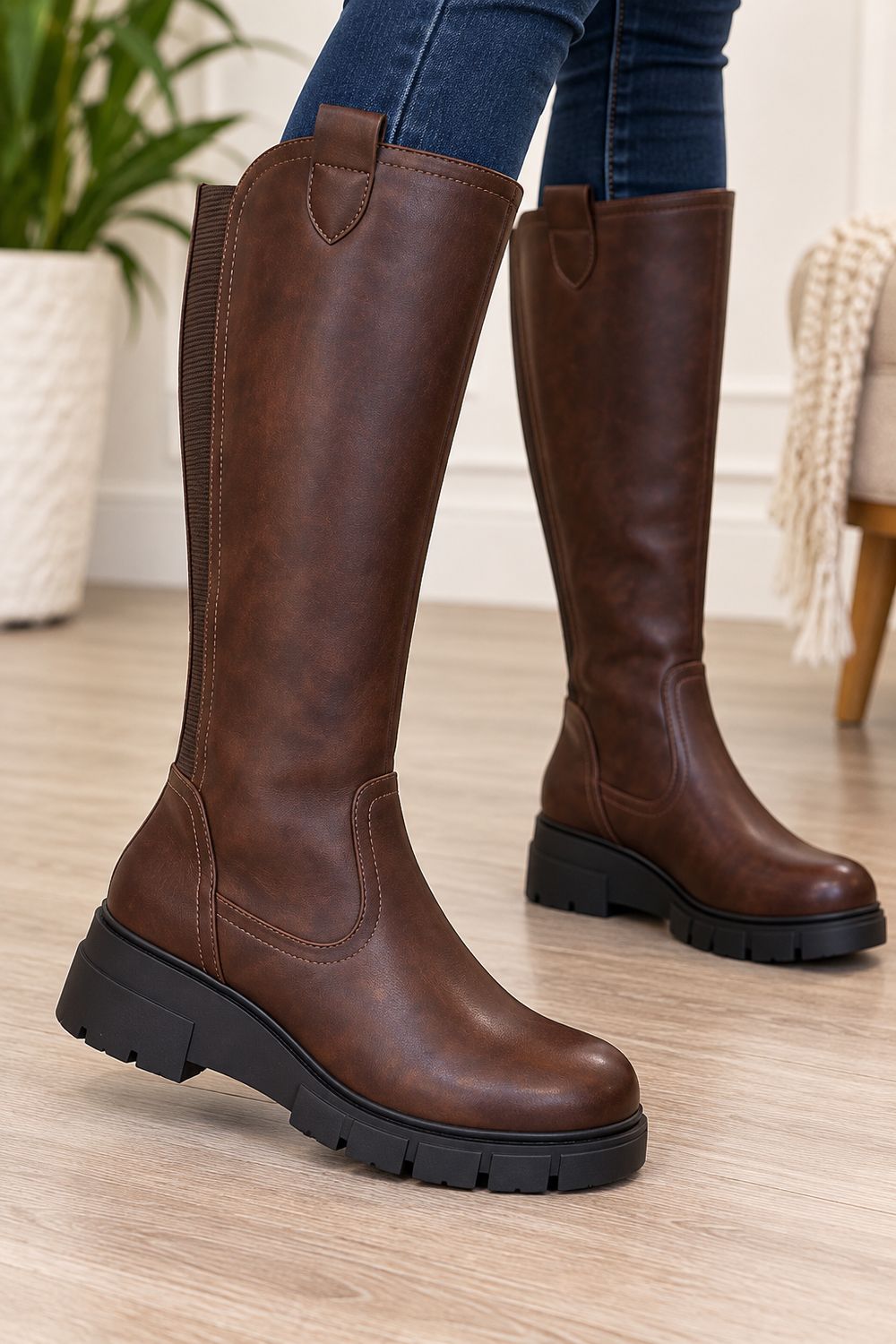 tall wedge platform boot with inside zipper and stretch gore calf , dark brown