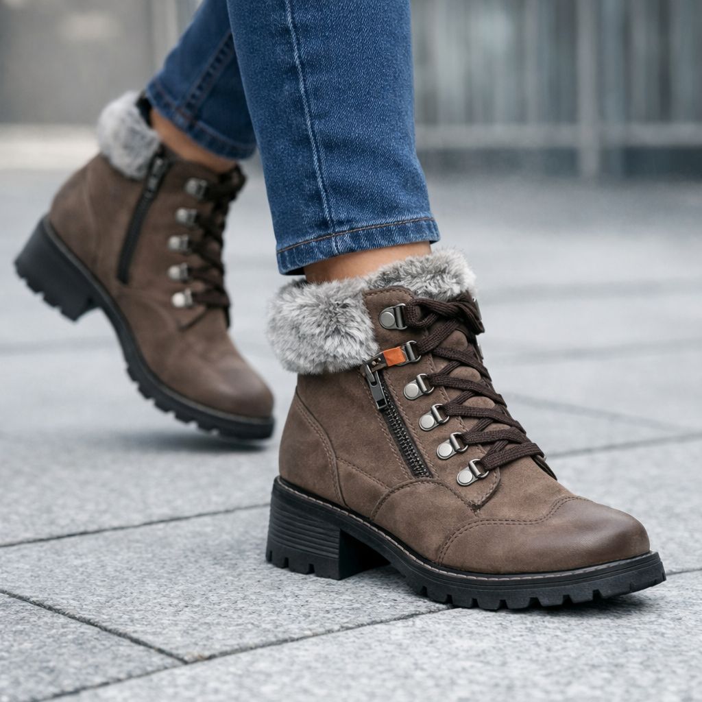 2155663G Short lace up fur lined boot w/inside zipper and retractable cleat