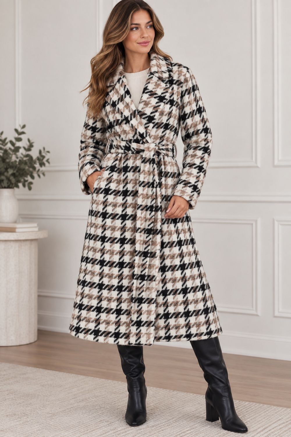 CO-2920899BK Long printed button jacket w/belt