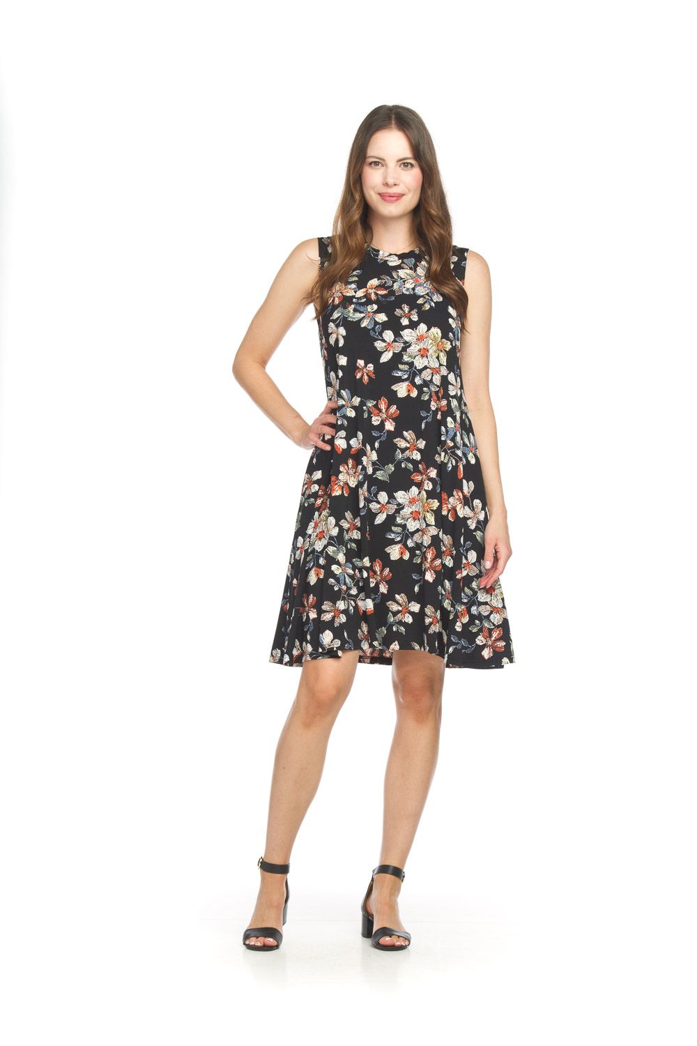 PD-18539 sleeveless floral aline stretch swing dress w/pockets