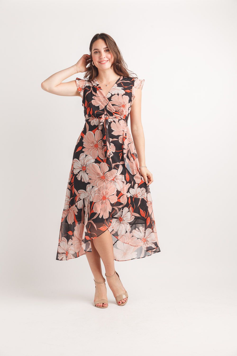 PD-20615 Floral high low maxi dress with tie belt