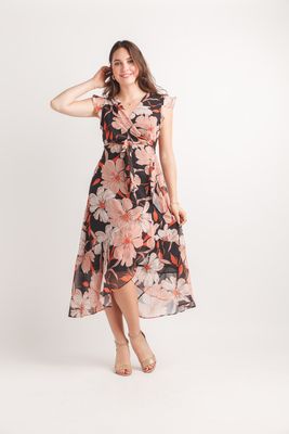 PD-20615 Floral high low maxi dress with tie belt
