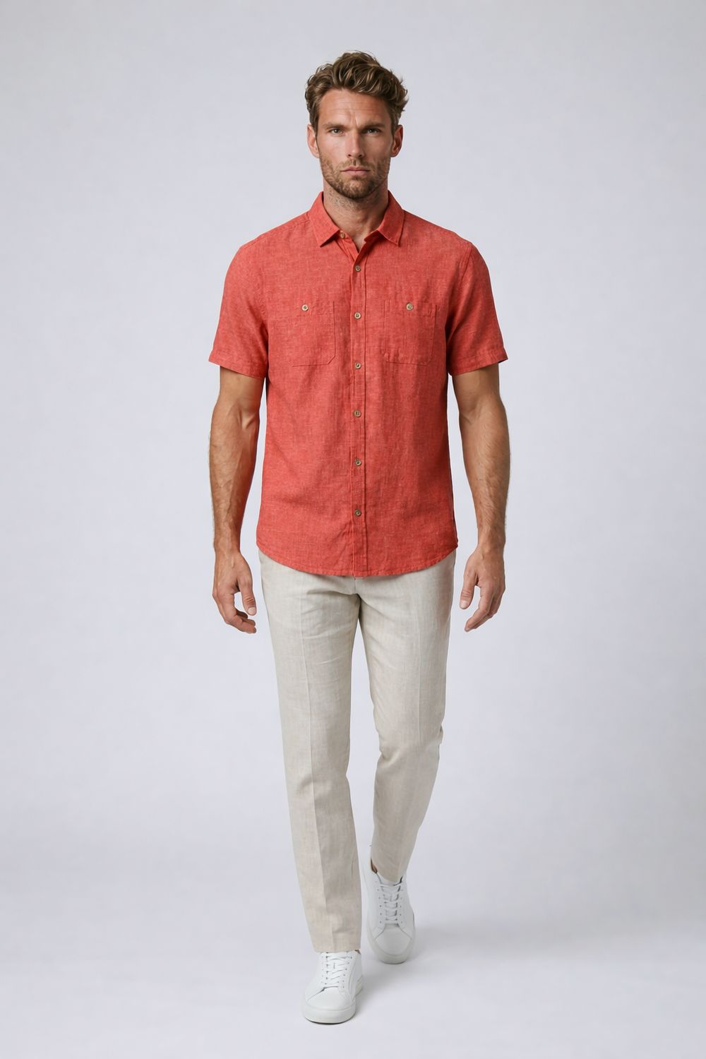 7664300 Cotton/linen slub short sleeve button shirt
