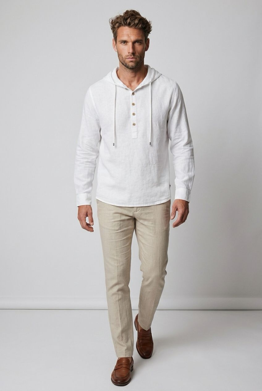7664201 Cotton/Linen long sleeve hooded mock buttoned shirt
