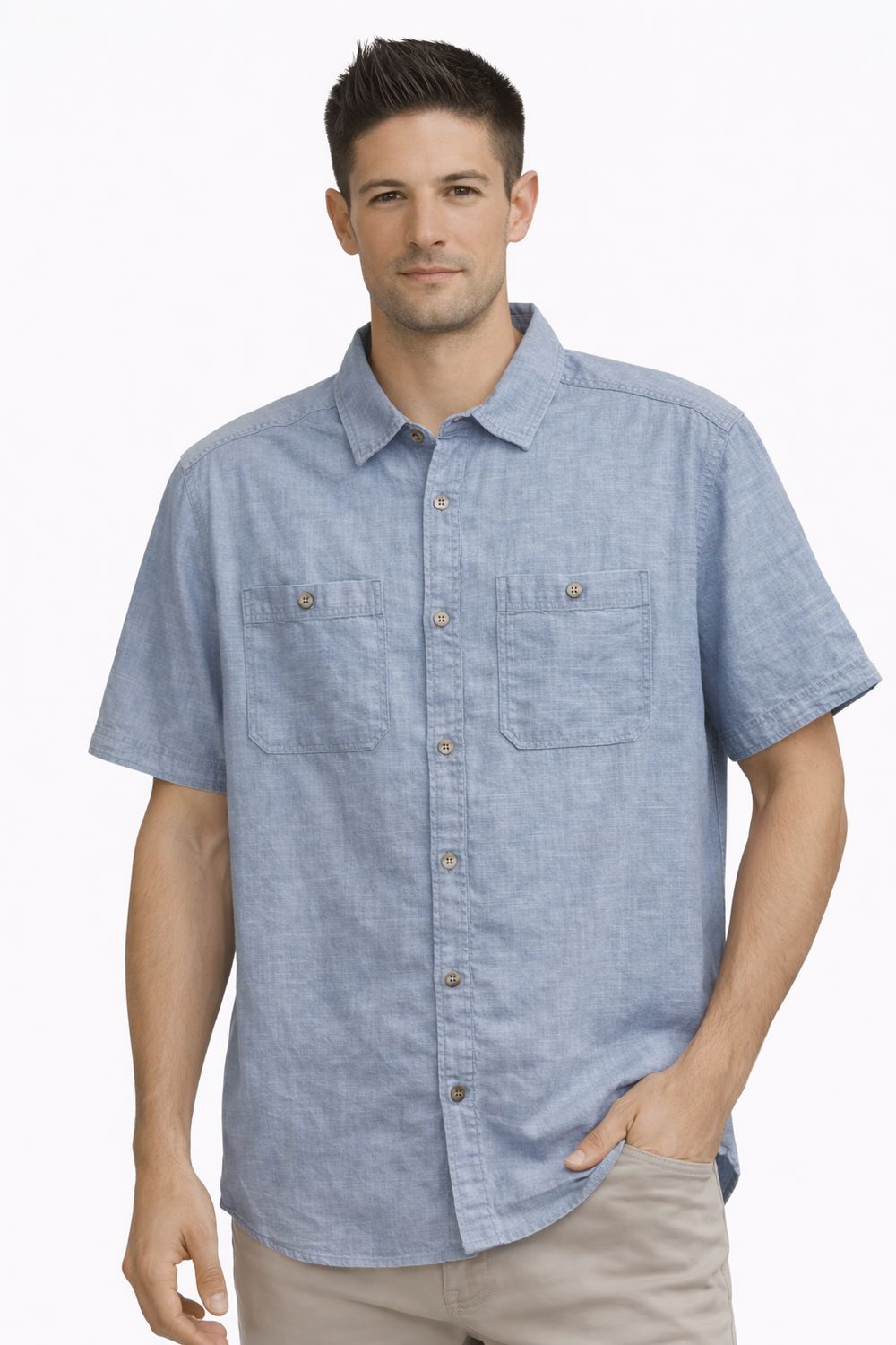 7664300 Cotton/linen slub short sleeve button shirt