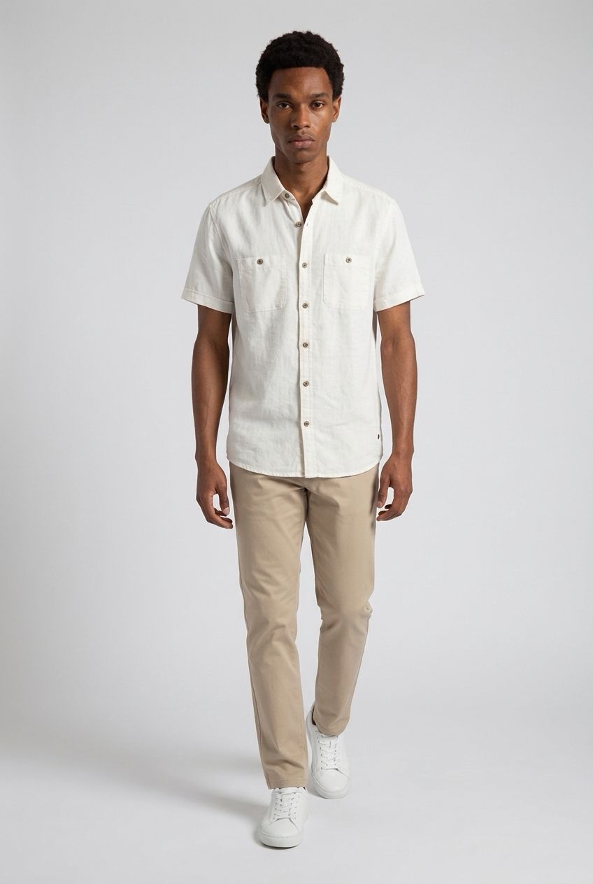 7664300 Cotton/linen slub short sleeve button shirt