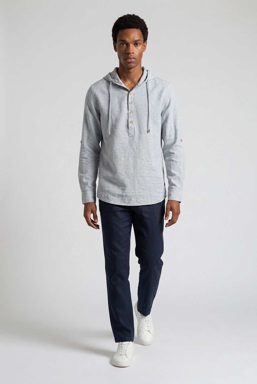 7664201 Cotton/Linen long sleeve hooded mock buttoned shirt