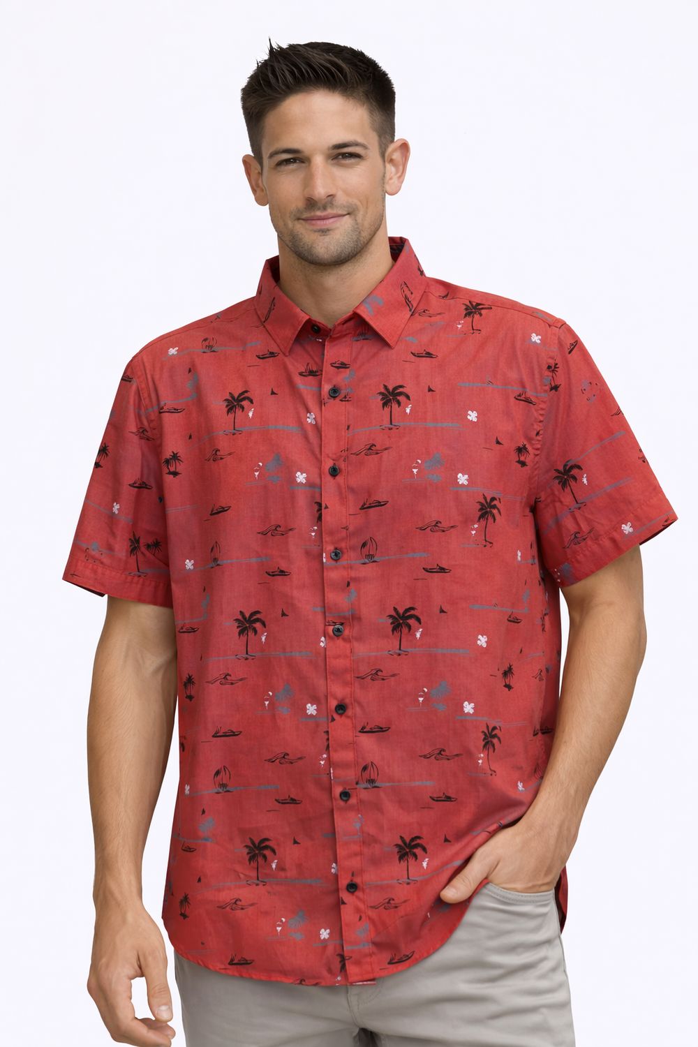 7664403 Poly/cotton S/S button pal tree print shirt