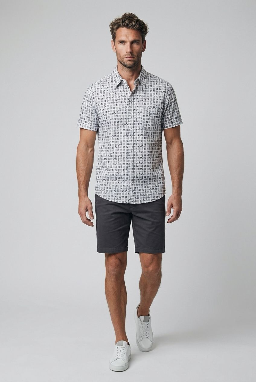 7664673 Poly/spandex 4 way stretch print button shirt