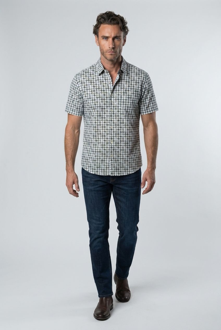 7664673 Poly/spandex 4 way stretch print button shirt