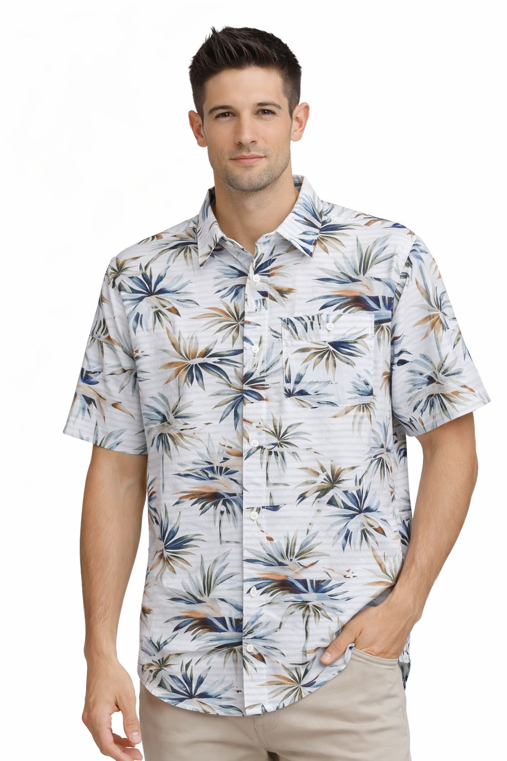 7664730 Short sleeve 4 way stretch  button palm tree print shirt w/chest pocket