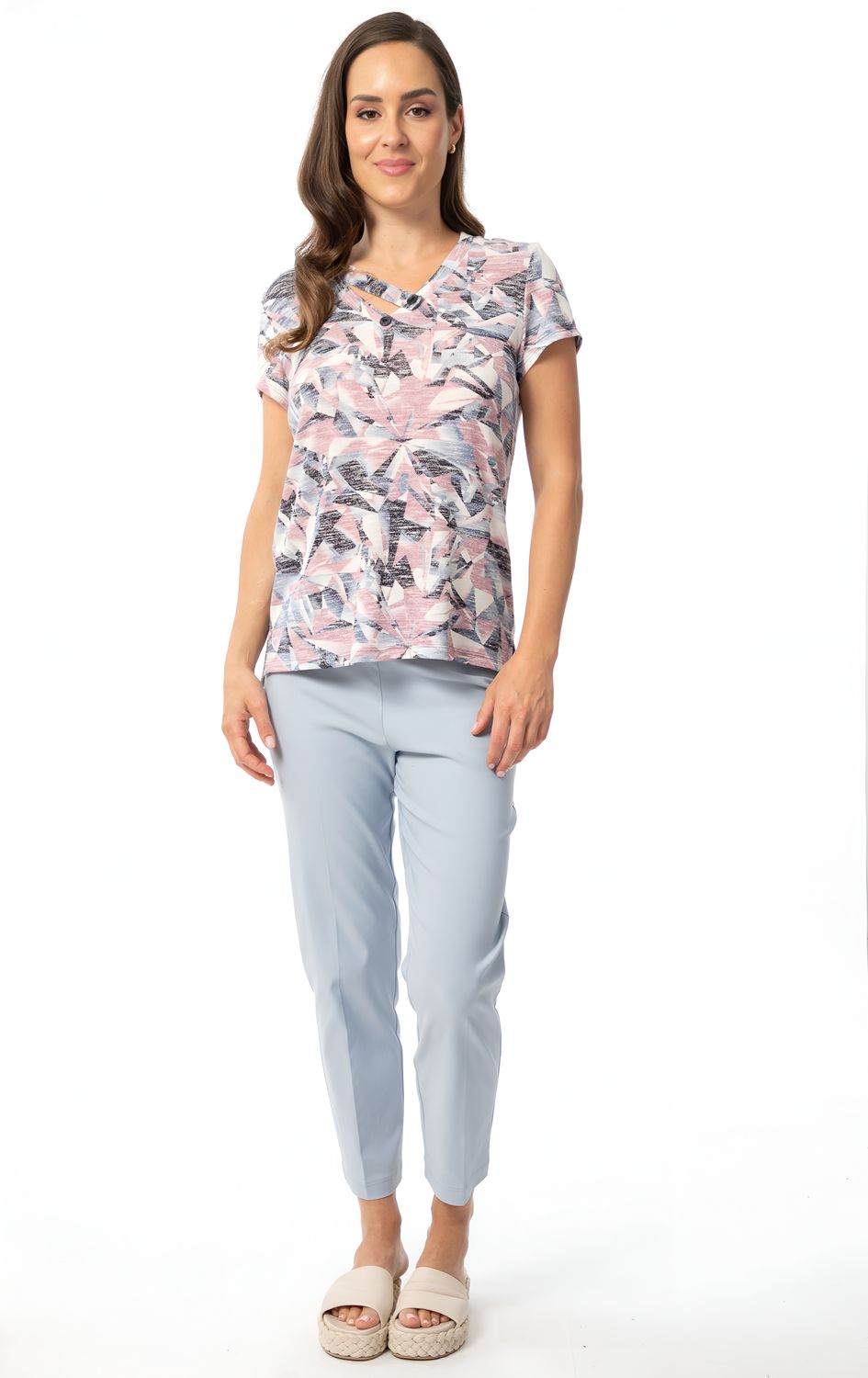 8914 Cap sleeve v neck print top