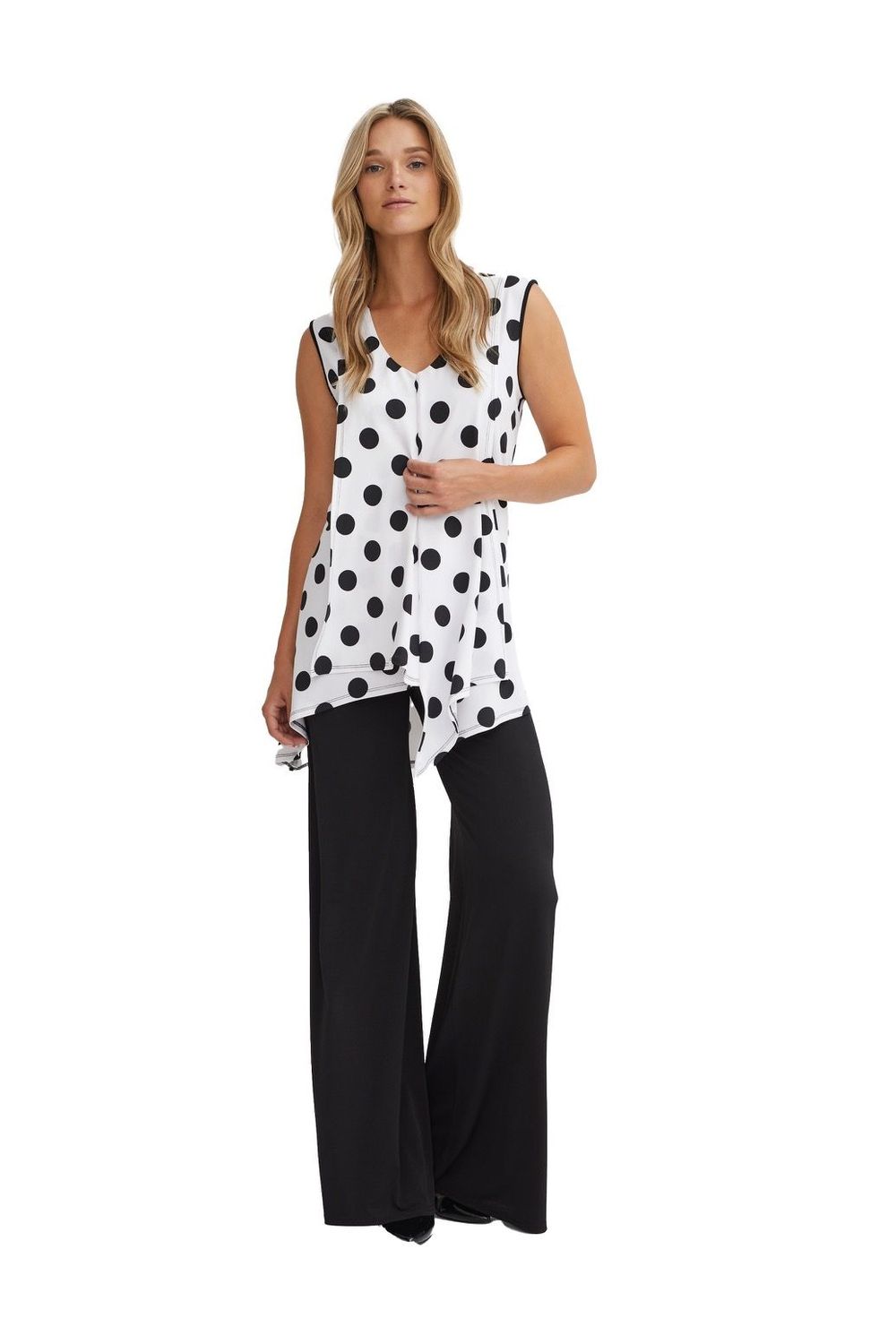 T25506 ladies sleeveless v-neck polkadot tunic