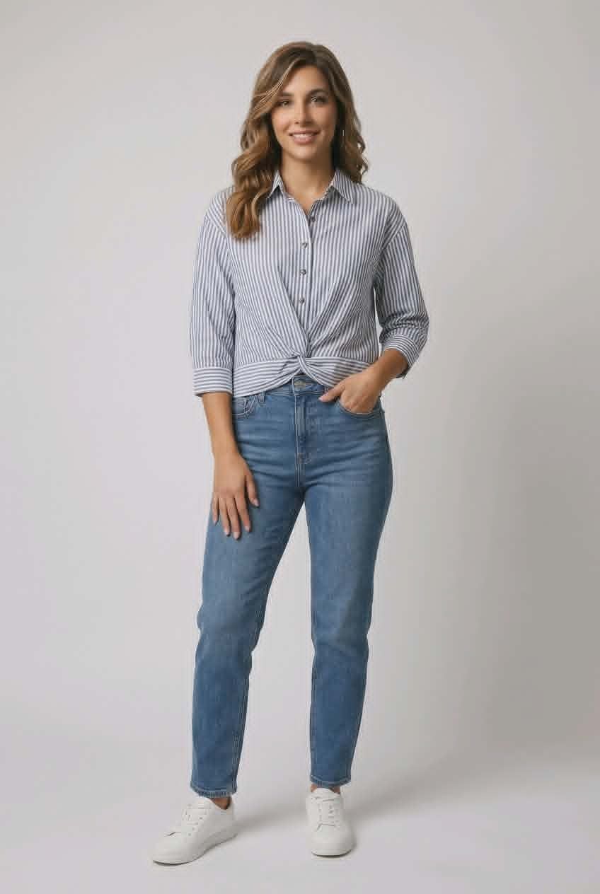 8664035 Button striped collared blouse w/adjustable sleeve