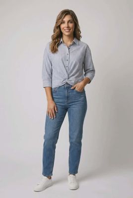 8664035 Button striped collared blouse w/adjustable sleeve