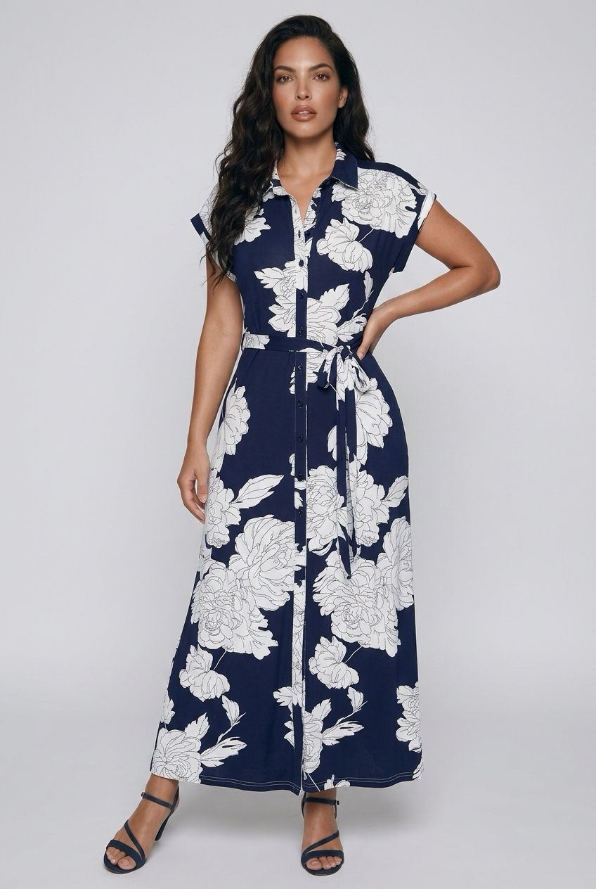 8667009 Printed maxi button down dress w/tie at waist